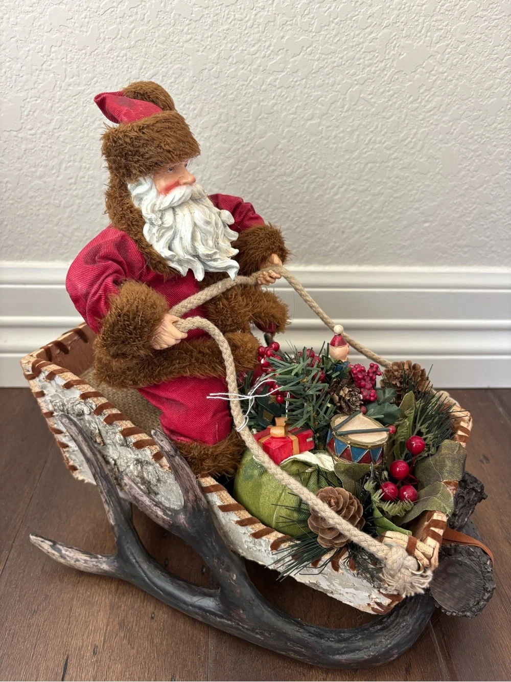 Santa Claus Figure In Bark Wood Sleigh Antlers Sled Christmas Holiday Decor 11”